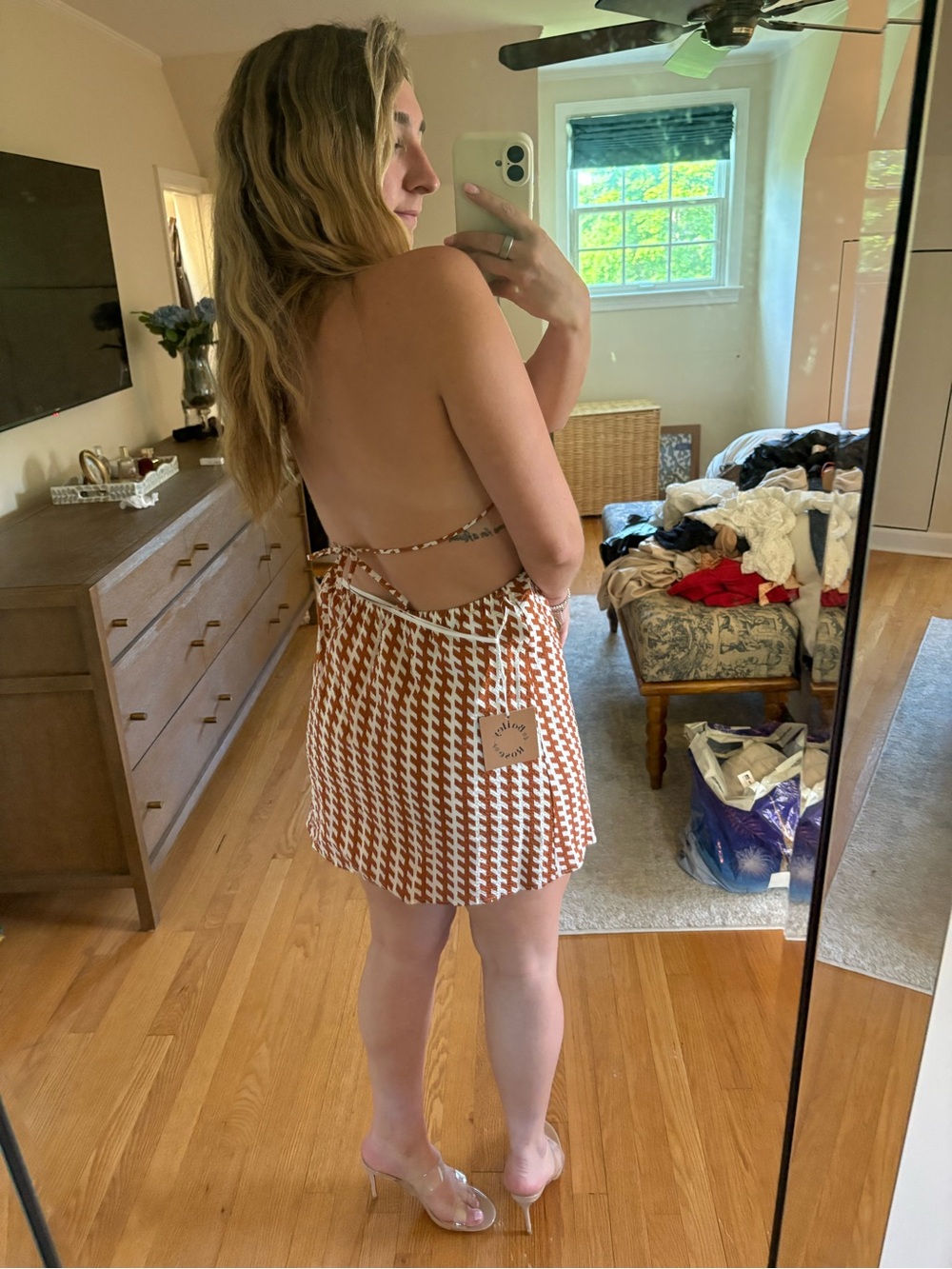 Houndstooth Cutout Halter Mini Dress in Rust and White - Picture 4 of 5